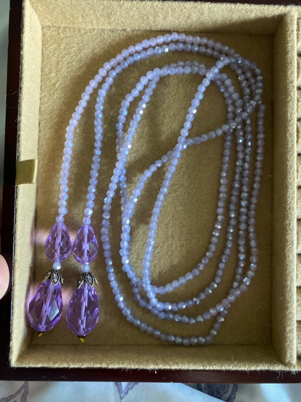 Heidi Daus Lilac Beaded  Lariat Necklace with Faceted Teardrop Pendants
